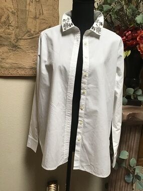 LOFT White Button-Down Shirt with Jeweled Collar